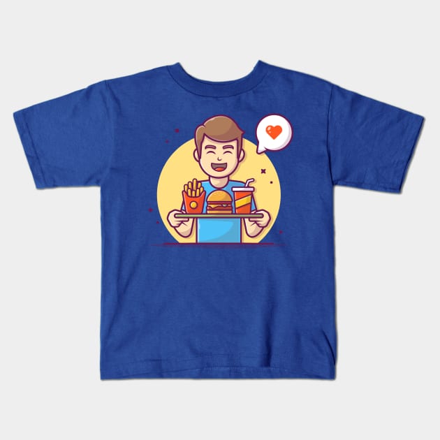 Man Bringing Tray With Burger, French Fries And Soft Drink Cartoon Kids T-Shirt by Catalyst Labs